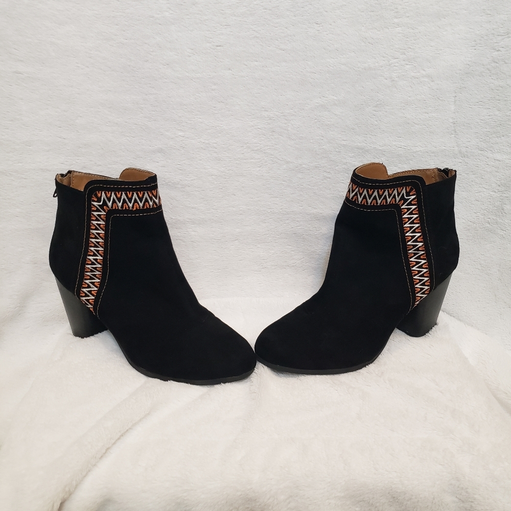Black Faux Suede Embroidered Heeled Boots Booties Ankle Boots